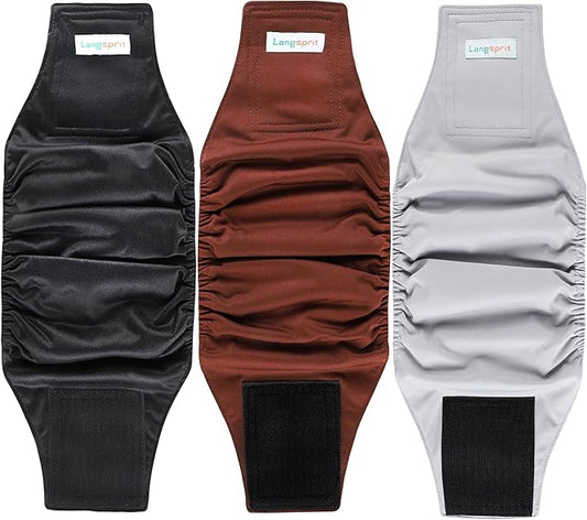 Langsprit Male Belly Bands for Dogs (Pack of 3) - High Absorbing Dog Wraps Male Washable - Reusable Dog Diapers (Black,Gray,Coffee, X-Small)