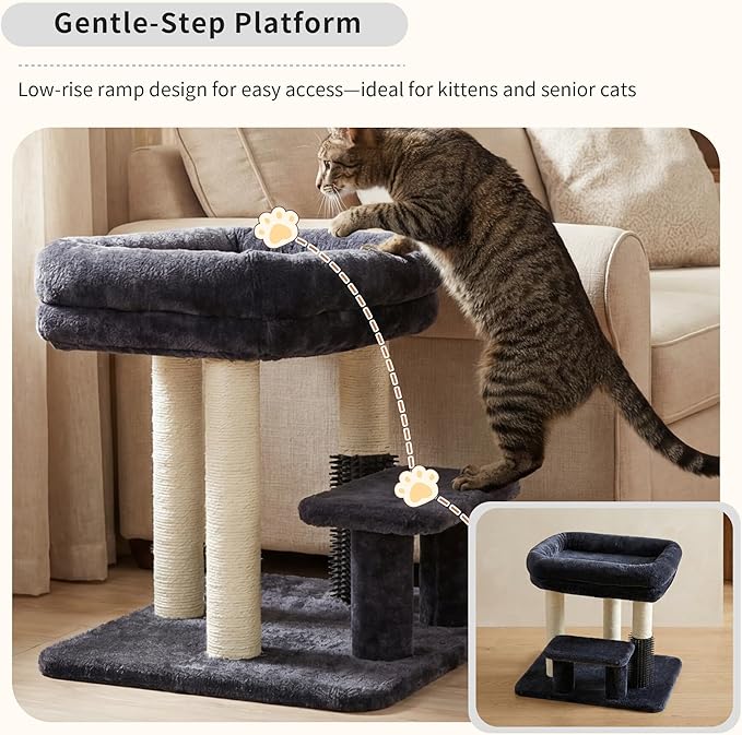 Heybly Cat Scratching Post, Small Cat Tree Tower with 3 Full Sisal Posts, Removable Plush Bed, Grooming Brush, Stable & Space-Saving Cat Furniture with Gentle Step for Indoor Cats, Smoky Gray HSP001SG