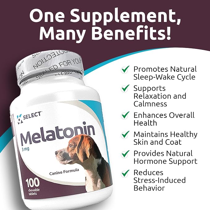 K9 Select Melatonin for Dogs - Calming Treats, Sleep Aid - High Antioxidant Helps with Immune System Booster - Wellness - 3 mg, 100 Vegetarian Capsules