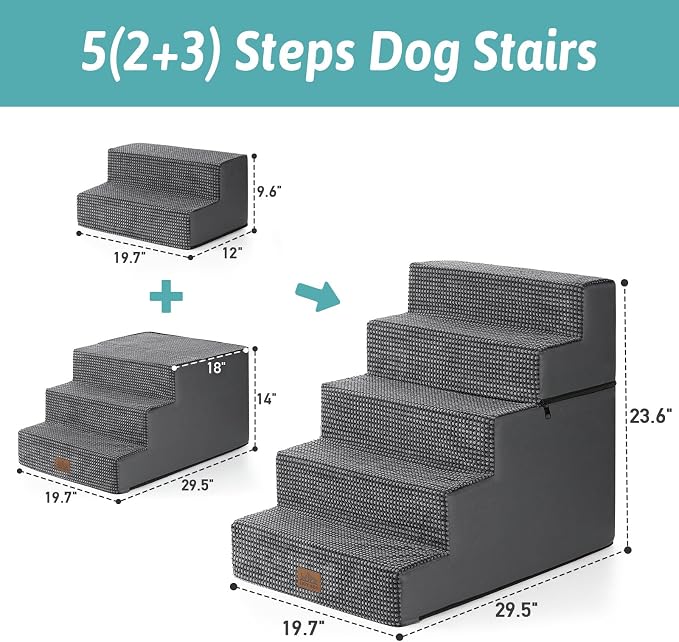 COZY KISS Dog Stairs for Small Dogs, 5 Tier Removable Wider Pet Stairs for Couch and Bed, 23.6" H Non-Slip Dog Steps for Puppies and Old Cats with Support Board, 19.7x29.5x23.6 inch, Dark Grey
