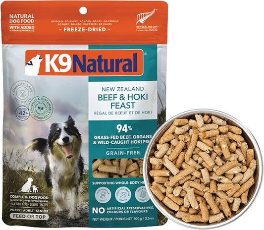 K9 Natural Beef & Hoki Freeze Dried Dog Food, High-Meat Natural Complete Meal or Meal Toppers for Dogs, Grass-Fed Beef & Hoki from New Zealand, Grain-Free, GMO-Free, Complete & Balanced, 3.5oz