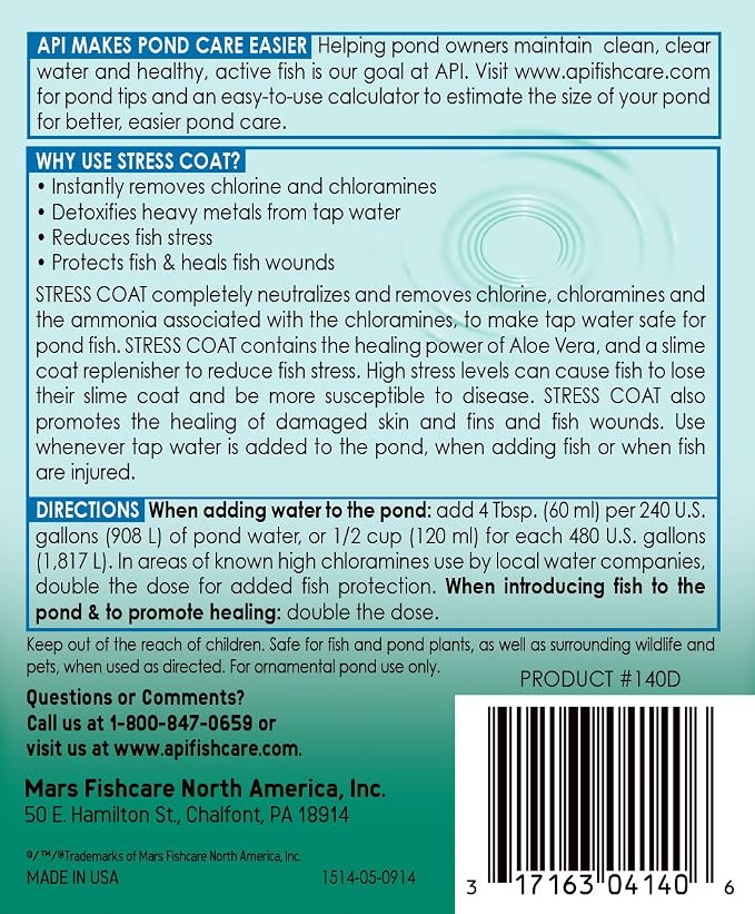 API POND STRESS COAT (64 fl oz) Pond Water Conditioner - Quickly Makes Tap Water Safe for Fish & Plants - Up to 7680 Gallons - Removes Chlorine, Ammonia & More - Natural Aloe Vera