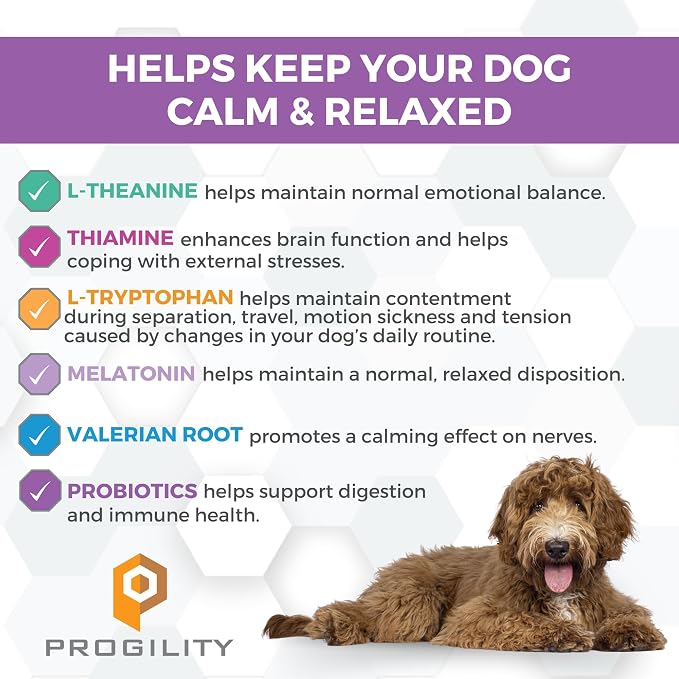 Progility Dog Calming Supplement for Stressful Situations & Daily Support – Supports Calm Behavior & Emotional Balance with Melatonin, Soft Calming Chews (90 Count)