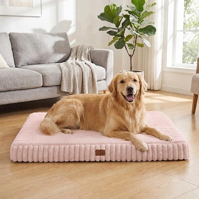 Orthopedic Dog Bed for Large Dog, Waterproof Pet Bed for Crate,Non-Slip Bottom and Egg-Crate Foam with Removable Washable Cover Crate Bed,Pink,35"x22"x3"