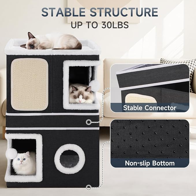 2-Storey Cat House for Indoor Cats, Separate Into 2 Large Cat Bed Cave with Hideaway Condos, Scratch Pads, Hanging Balls, Foldable Indoor Cat House, Cat Cube for Multiple Cats Kitten, Black