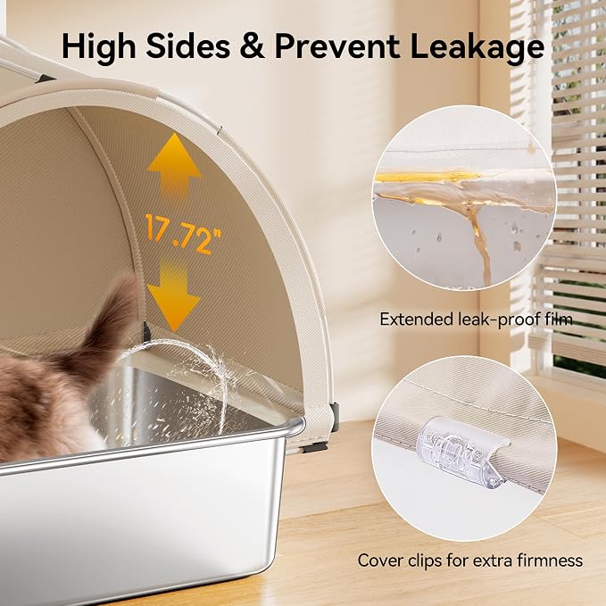 Meowant Stainless Steel Cat Litter Box with Lid, Extra Large Metal Litter Box with DIY Oxford Fabric Cover, Anti-Leakage & Non-Sticky, Odor Control, Easy Cleaning, Includes Litter Mat & Metal Scoop