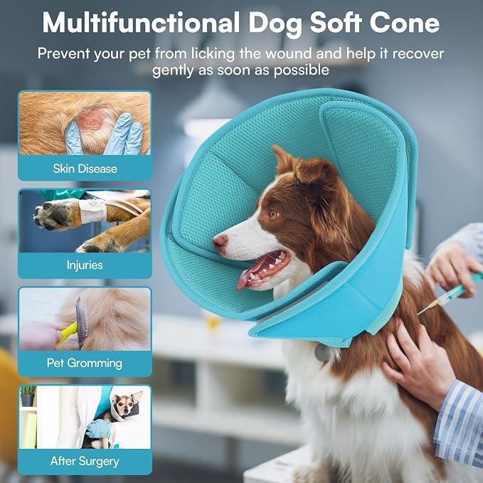Queenmore Dog Cone,Soft Cone for Large Dogs After Surgery,Comfy Large Dogs Cones to Stop Licking, Adjustable Soft Dog Cones Collar, Elizabethan Pet E-Collar for Wound Healing,LightBlue,L