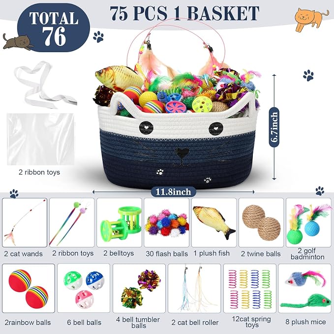 Zopeal 76 Pcs Graduation Cat Storage Basket Gift Toys Set Interactive Cat Toys Kitten Wand Colorful Flashing Balls Pet Crinkle Balls Attract Kitten to Swat, Hunt for Pet Indoor(Blue)