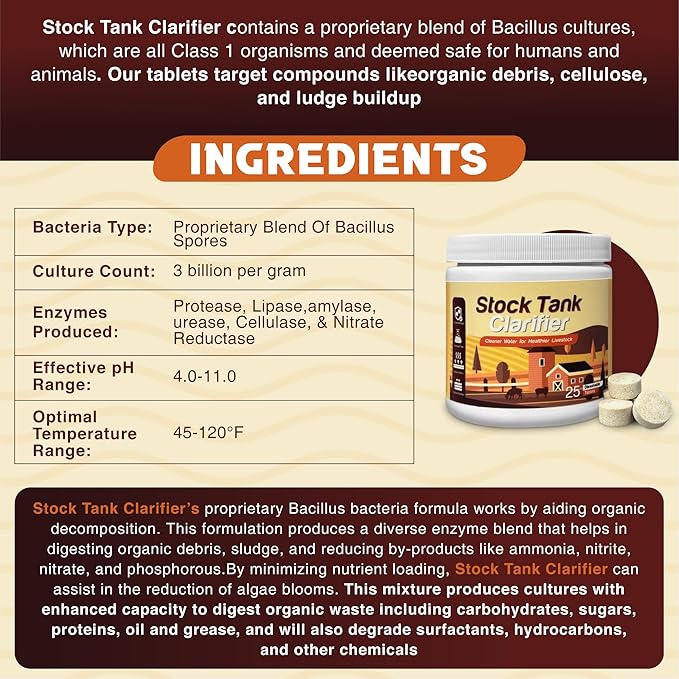 Stock Tank Clarifier - Improves Livestock Water by reducing buildup and Creating Healthier Water troughs. Safe for Horses, Cattle, Sheep, Goats & Chickens. (Tablet, 25, Count)