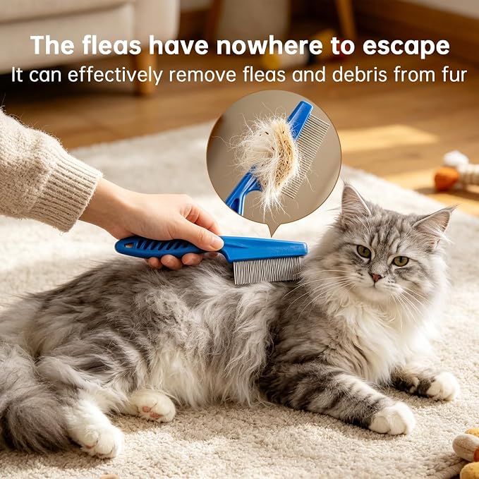 pet pro grooming tool, double-sided undercoat brush and stainless steel pin combflea comb. Ideal for grooming and removing long & matted hair of cats and dogs. (4-piece set)