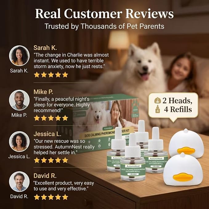 New Upgrade Dog Pheromone Calming Diffuser Kit, Calming Diffuser for Dog (2 Plug-Ins & 4 Refills) for Stress Support, Helps Reduce Barking & Aggression, 120-Day Supply (Non-Toxic, Safe & Inedible)