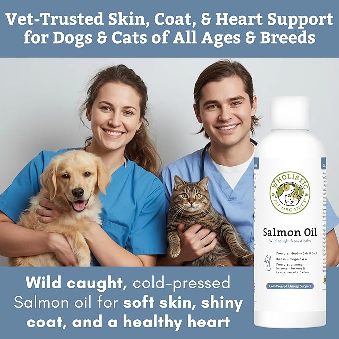 Wholistic Pet Organics Wild Alaskan Salmon Oil for Dogs and Cats - Omega 3 Fish Oil for Dogs & Cats - Cat & Dog Skin and Coat Supplement for Heart, Joints - DHA, EPA Omega 3 Liquid Food Topper - 4 oz