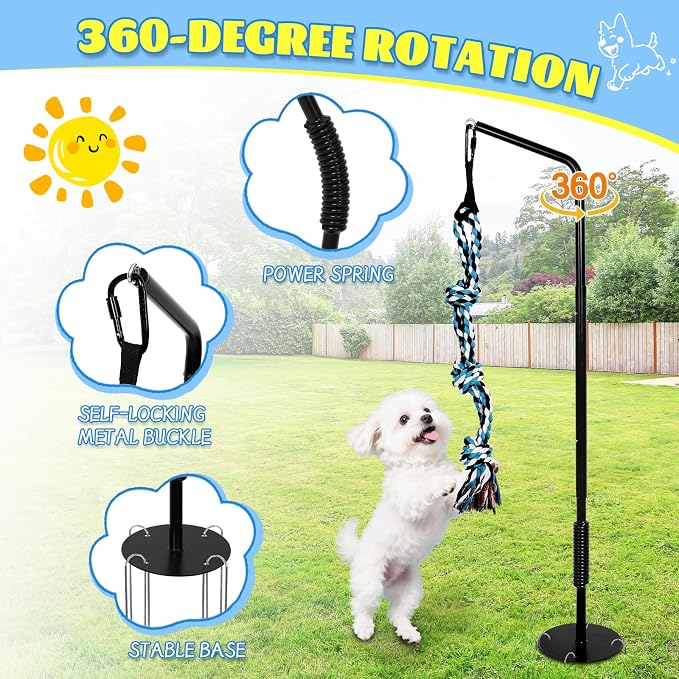 360° Rotating Dog Spring Pole Tug Toy for Medium Large Dogs, Outdoor Adjustable Height Dog Tug of War Toy with Reinforced Spring, Durable Chew Rope, 2 Replacement Toys & 4 Ground Stakes