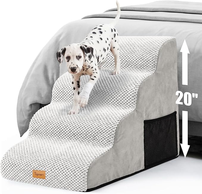 Topmart High Density Foam Dog Steps 4 Tiers,Extra Wide Deep Pet Steps,Non-Slip Dog Stairs Ramp for Bed,Soft Foam Cat Ladder,Best for Older Injured,Older Pets,Cats with Joint Pain