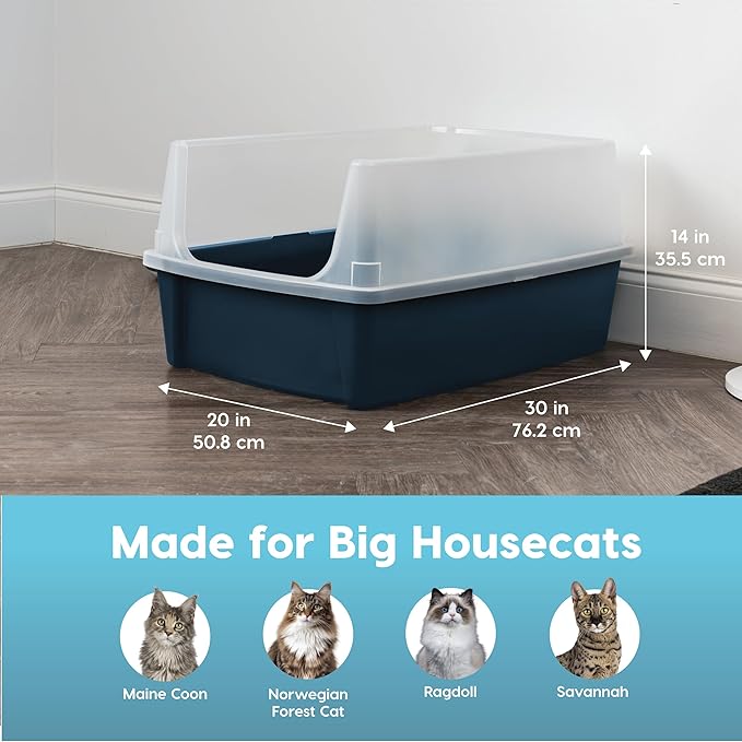IRIS USA Extra Large Litter Box XXL Open Top High Sided Walls Scatter Shield Scoop Included Easy Clean Plastic Pan for Big Cats Multi-Cat Households 30" L x 20" W x 14" H Navy