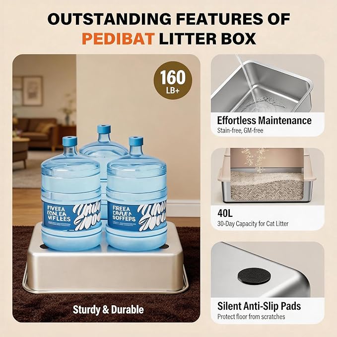 Stainless Steel Litter Box with Lid, Extra Large Enclosed Cat Litter Pan for Big Cats, High Sided Metal Litter Box with Enclosure, Front & Top Entry, Easy Clean, Anti-Leakage, Includes Scoop，Cream
