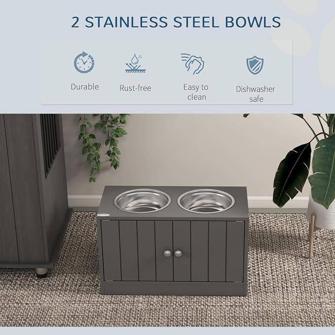 PawHut Large Elevated Dog Bowls with Storage Cabinet Containing Large 44L Capacity, Raised Dog Bowl Stand Pet Food Bowl Pet Feeding Station, Gray
