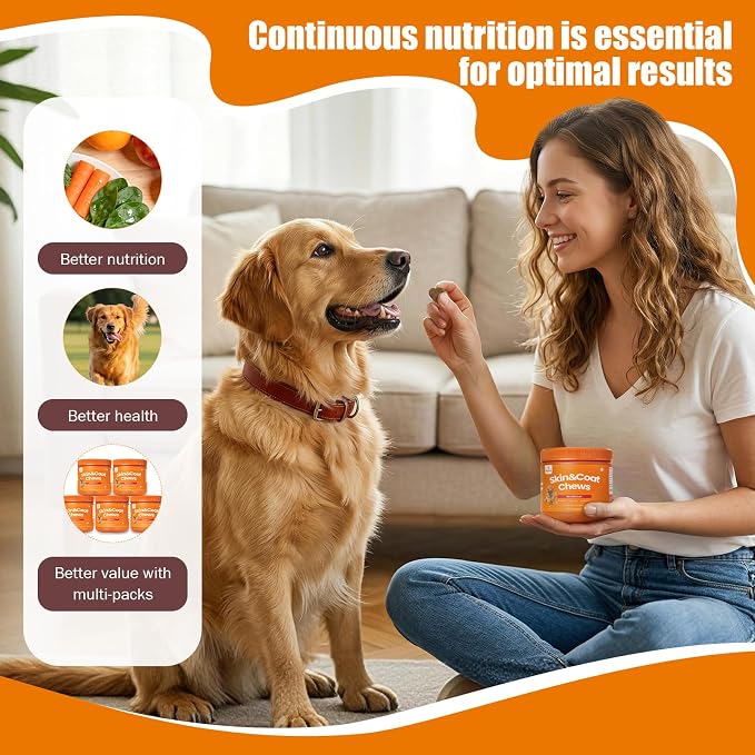Omega 3 Fish Oil Skin & Coat Supplement for Dogs - 120 Chicken Flavor Chews | EPA & DHA - Relieves Itchy Skin, Reduces Shedding, Supports Hip & Joint, Immune Health