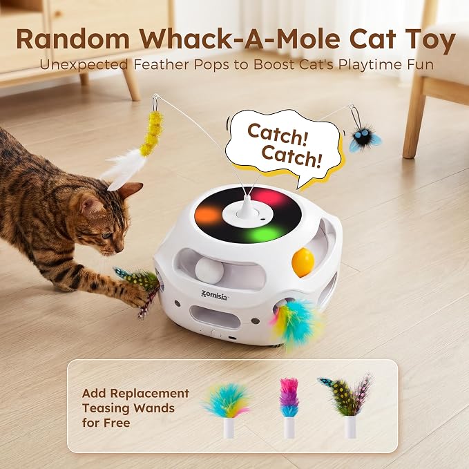 ZOMISIA 4 in 1 Automatic Interactive Cat Toy, Rechargeable Cat Toys for Indoor Cats with Fluttering Teasing Sticks, Trackballs, Shooting Feathers and Bird Chirping for Bored Indoor Adult Cats