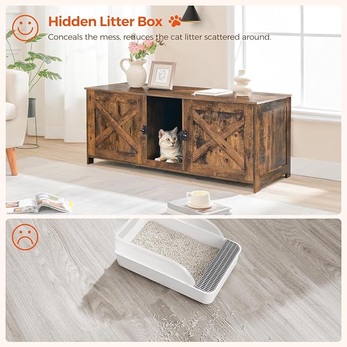 MAHANCRIS Cat Litter Box Enclosure for 2 Cats, 47.2" Hidden Litter Box Furniture with Double Room, Wooden Cat Washroom with Scratching Board, Indoor Cats House End Table, Rustic Brown CWHR1201