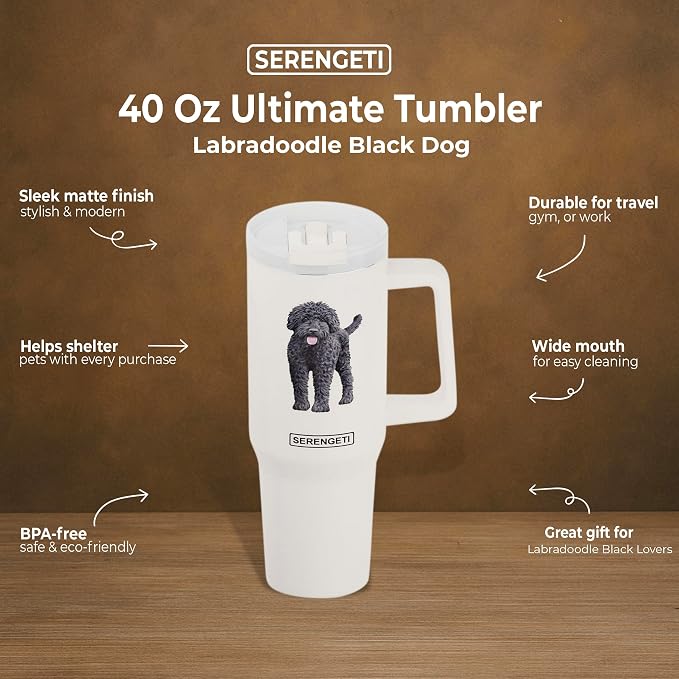 SERENGETI 40 Oz Ultimate Tumbler with Handle and Straw - Vacuum Insulated Tumbler with Straw and Lid - Stainless Steel Travel Mug for Pet Lovers - 3D Designs of your favorite Dog (Labradoodle)