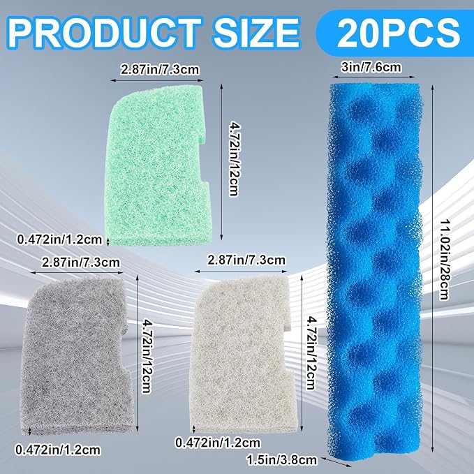 Threlaco 20 Pcs Aquarium Filters Replacement Filter Media Kits Compatible with Fluval 406/407, Including 2 Biological Foams, 6 Ammonia / 6 Phosphate / 6 Nitrite Remover