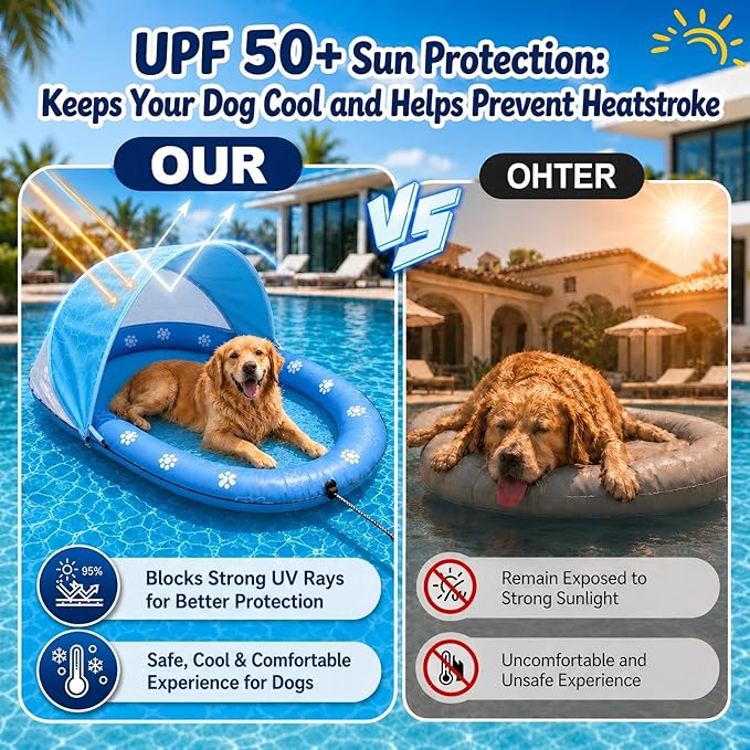Dog Pool Float with Canopy - Heavy Duty 600D Oxford Anti-Tear Dog Raft, UPF 50+ Removable Sun Shade Inflatable Dog Float for Small, Medium & Large Dogs, Water Summer Toy for Lake & Pool, 55" x 35"