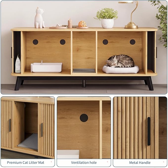 Garvee Cat Litter Box Enclosure for 2 Cats, 59" Hidden Litter Boxes Furniture with Sliding Door and Cat Litter Mat, Large Indoor Pet House, Wooden TV Stand Side Table, Natural Wood Color