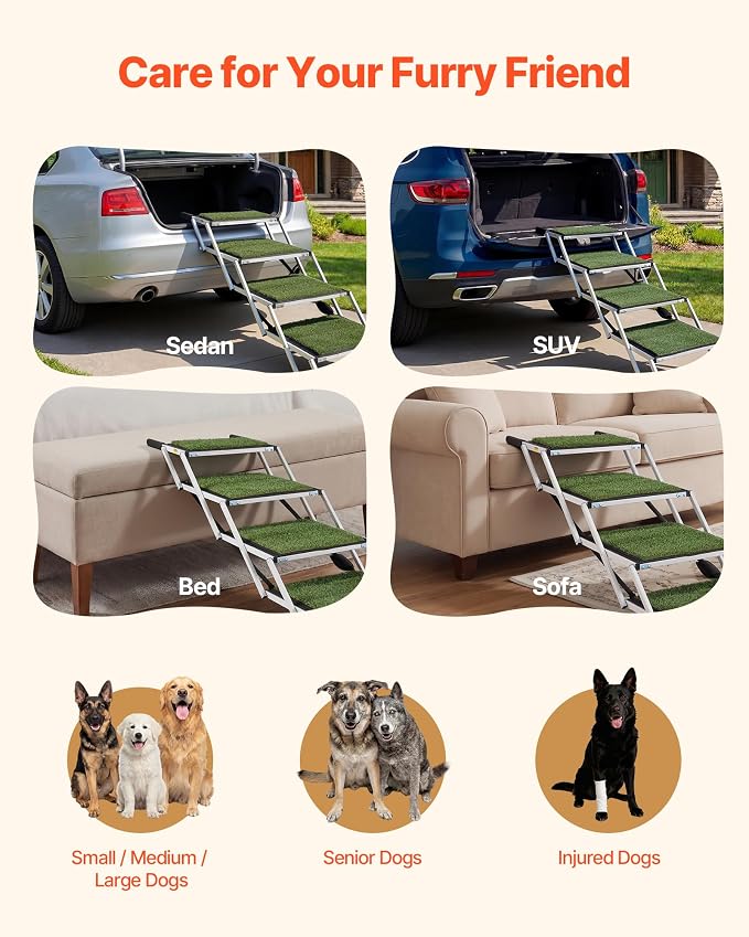 VEVOR Dog Stairs for Car, 4 Steps Extra Wide Foldable Dog Ramp for Large Dogs with Non-Slip Surface, Portable Lightweight Pet Stairs Ladder for Car, SUV, Truck, High Bed, Sofa, Support up to 200 lbs