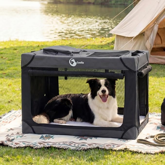 Portable Collapsible Dog Crate for Small Dogs, 4 Mesh Doors & 2 Storage Bags, Indoor Outdoor Travel Dog Kennel, BlackGrey, 26" x 18" x 18"