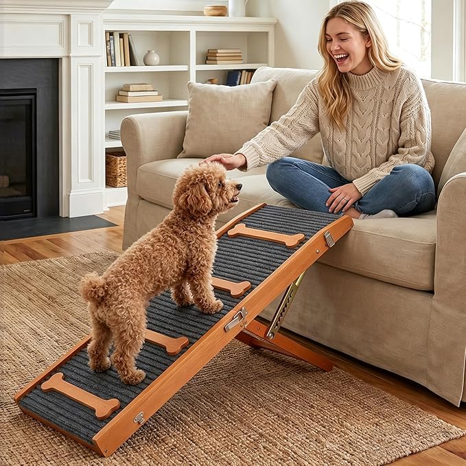 Pawaboo 2026 Upgraded Dog Ramp for Couch, Foldable Small Dog Ramp for Sofa with 7 Adjustable Heights from 2.2'' to 18.5", Portable Non-Slip Pet Ramps for Couch Sofa, Walnut
