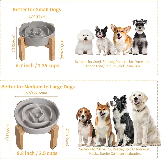 Elevated Slow Feeder Dog Bowl - Ceramic Maze Food Dish with Bamboo Stand - Raised Feeding Bowl for Fast Eaters Small and Medium Dogs - Grey