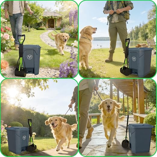 Outdoors Pet Waste Station 20L/5 Gallon Dog Poop Trash Can with Lid – Foot Pedal, Removable Inner Bin,Includes 200 Bonus Waste Bags & Long Handle Green Pooper Scooper