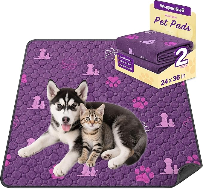 WanpeeGoo Washable Pee Pads for Dogs Mat, 2 Pack Absorbent Reusable Training Dog Pads Pet Puppy Pads, Non-Slip Potty Pads for Whelping, Playpen, Crate, Bed, Purple 24"x36"