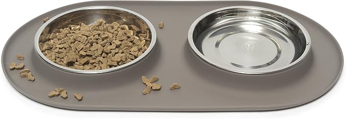Messy Cats Double Silicone Feeder with Stainless Saucer Shaped Bowl | Anti-Slip Non-Skid Cat Food Bowls | Two Cat Bowls in Feeding/Water Station | 1.75 Cups per Bowl (Grey)