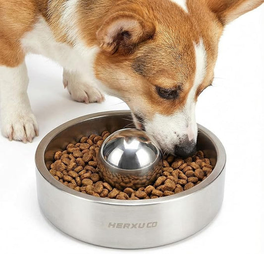 Stainless Steel Dog Slow Feeder Set – 2-in-1 Pet Bowl 18oz & Slow Feeder Ball 2.5in – Spherical Design Slows Eating & Use Separately or Together (Small)