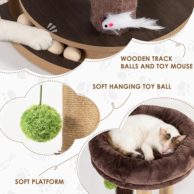 22 Inch Heavy-Duty Cat Scratching Post with Cozy Plush Bed, 3 Sisal Scratching Posts, Interactive Cat Scratcher with Grooming Brush, Hanging Pom-Pom, Track Balls & Mouse Toy for Indoor Cats