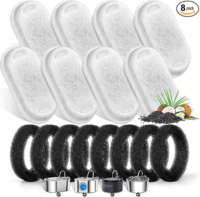 Cat Water Fountain Filters for Stainless Steel 67oz/2L Adjustable Water Flow Pet Fountain, 8 Pack Pet Replacement Filters with 8 Sponges