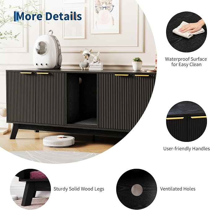 Garvee Cat Litter Box Enclosure for 2 Cats, 59" Hidden Litter Boxes Furniture with Cat Litter Mat, Large Indoor Pet House with Double Room, Wooden TV Stand Side Table, Black