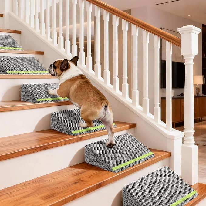JoyBlooms Upgraded Dog Ramp for Stairs for Small & Senior Dogs Cats, 40D Density Foam Gentle 30° Slope Non-Slip Dog Stair Ramp with Glow Strip, Pet Ramp with Removable Washable Cover, Gray-6pcs