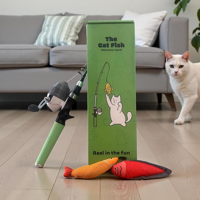 Meowy Cat Wand Toy – Cat Fishing Pole Toy with Reel The Cat Fish Fishing Rod, Telescopic Fiberglass Interactive Teaser Wand for Indoor Cats with Catnip Dental Mesh Attachments