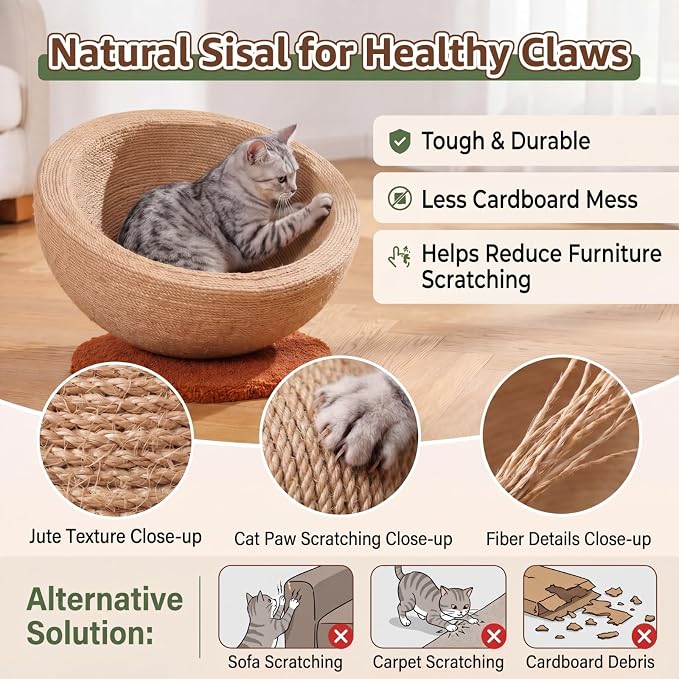 Novabright Sisal Cat Scratcher Bed with Solid Wood Base 15 x 15 x 7.87 Inch 2-in-1, Round Scratching Nest Lounge for Indoor Cats, Adjustable Tilt or Flat Installation, Jute Cat Scratching Bowl