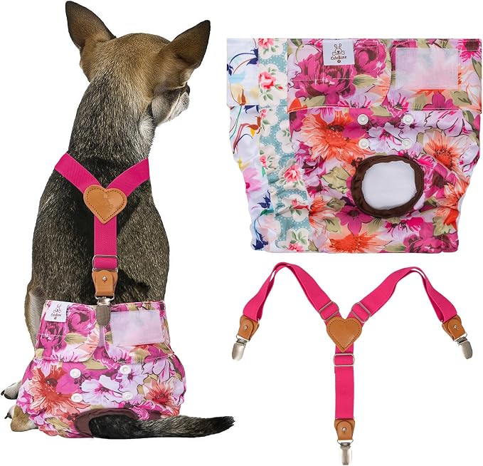 CuteBone Dog Diapers Female 3 Pack Reusable Doggy Diapers with One Suspender for Small Medium Large Dog Period BDD02M