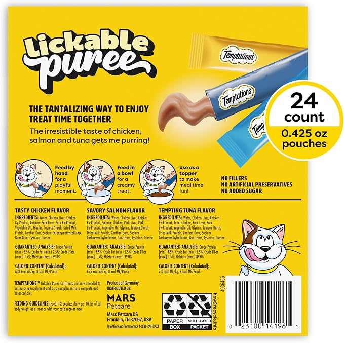 Temptations Creamy Puree Squeezable Lickable Cat Treats, Wet Cat Treats with Chicken, Salmon, and Tuna Variety Pack, 0.42 oz. Tubes, 24 Count