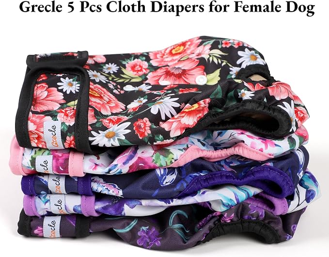 Dog Diapers Female - Reusable Diapers for Doggie in Heat - Highly Absorbent Female Dog Diapers for Pet Incontinence(Pack of 5), Flowers,M