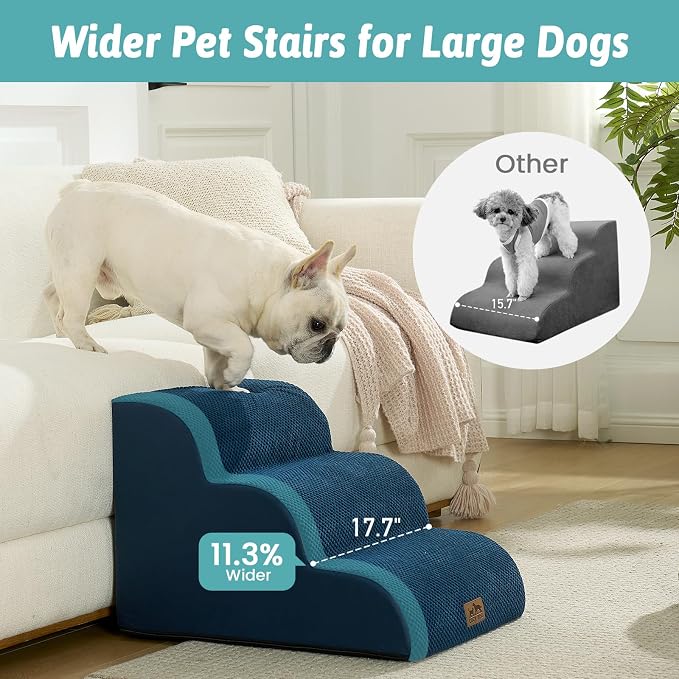 COZY KISS Wide Dog Stairs for Small Dog 15.7" H, Pet Step for Puppy, Older Cat, Curved Ramp for Couch, Durable Anti-Slip Ladder with High Density Foam, 3 Step, 17.7x22.4x15.7 inch, Navy Blue