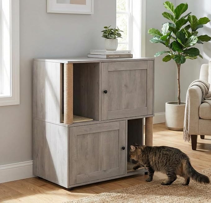 2 Tier Cat Washroom,Modern Farmhouse Double Cat Litter Box Enclosure Furniture,Hidden Cabinet with 2 Scratch Mats & Post, Multi-Functional End Side Table for 2 Cats, Odor-Control Wooden Washroom Cabin