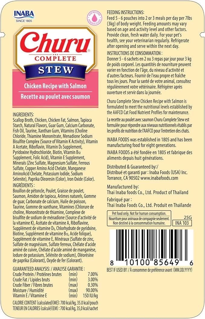 INABA Churu Complete Stew for Cats, Grain-Free, High Protein & Moisture, Wet Cat Food with Fish Oil, 1.76oz. Pouch, 12 Pouches, Chicken with Salmon Recipe