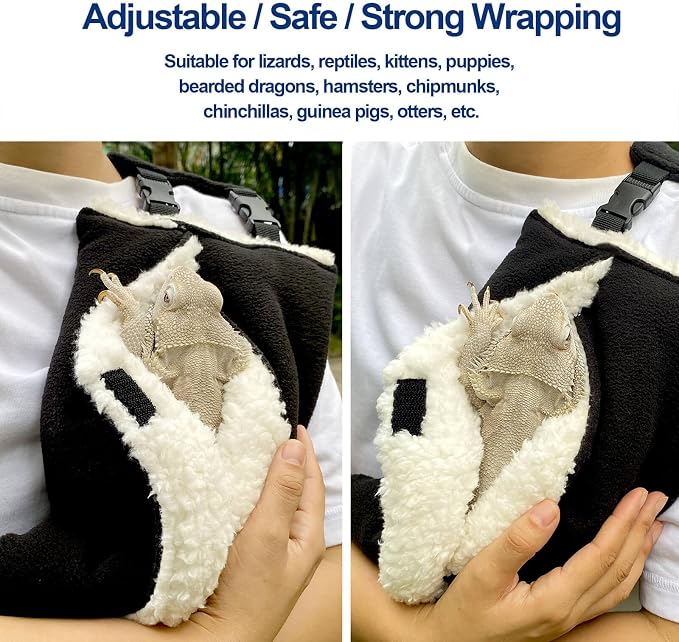 Adjustable Fluffy Bearded Dragon Sling Carrier Bag, Reptile Carrier with Leash Harness Lizard Cage Accessories for Small Animal, Ferrets, Squirrel, Hamsters,Parrot (Black)