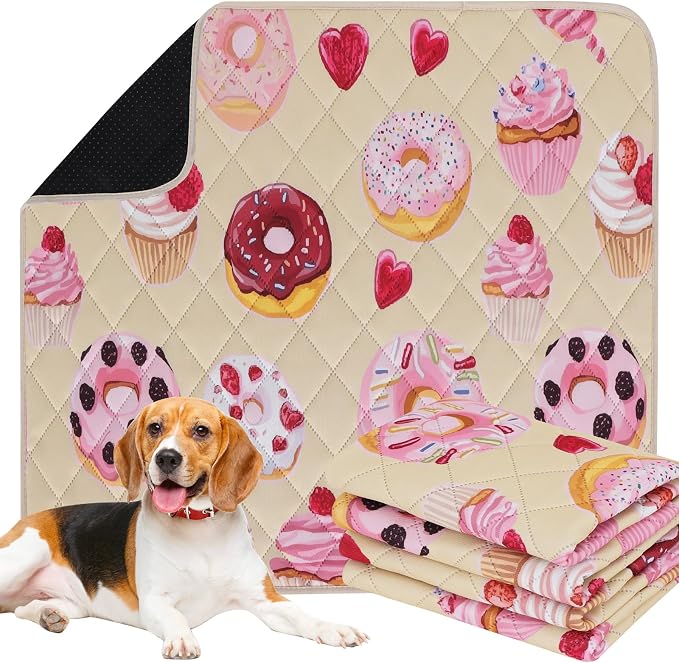 IEUUMLER Washable Pee Pads for Dogs, 2 Pack Cake Pattern Reusable Waterproof Puppy Potty Pads, Non-Slip Absorbent Pet Training Pads for Playpen Crate Bed EU015 Beige Cake, 36x31